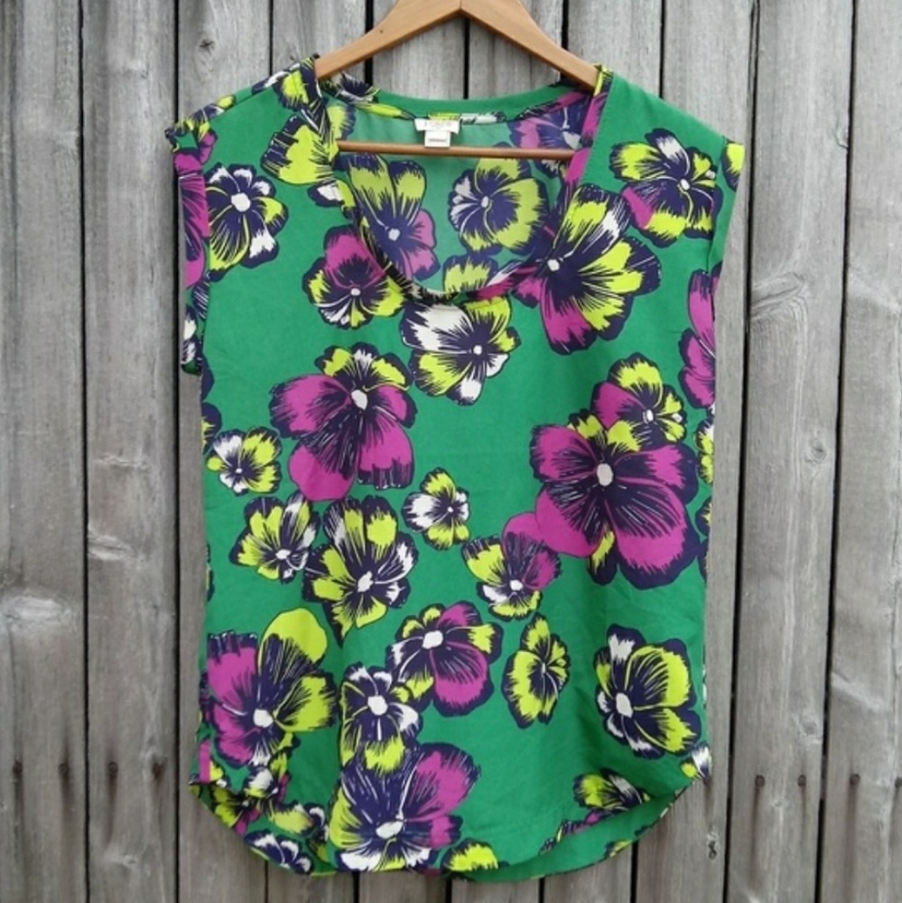 J Crew** PANSY TOP green yellow purple Floral L
